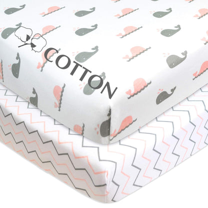 American Baby Company 2 Pack 100% Natural Cotton Fitted Pack and Play Sheets 39" x 27" - Soft & Breathable Pack N Play Sheets for Playard & Mini Crib Mattress, Pink Stars/Zigzag, for Boys & Girls