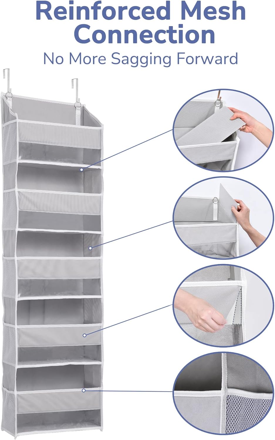 ULG 1 Pack Over Door Organizer with 5 Large and 10 Mesh Side Pockets, 44 lbs Weight Capacity Hanging Storage with Clear Window Kids Toys, Shoes, Diapers, Dark Grey, 5 Layers