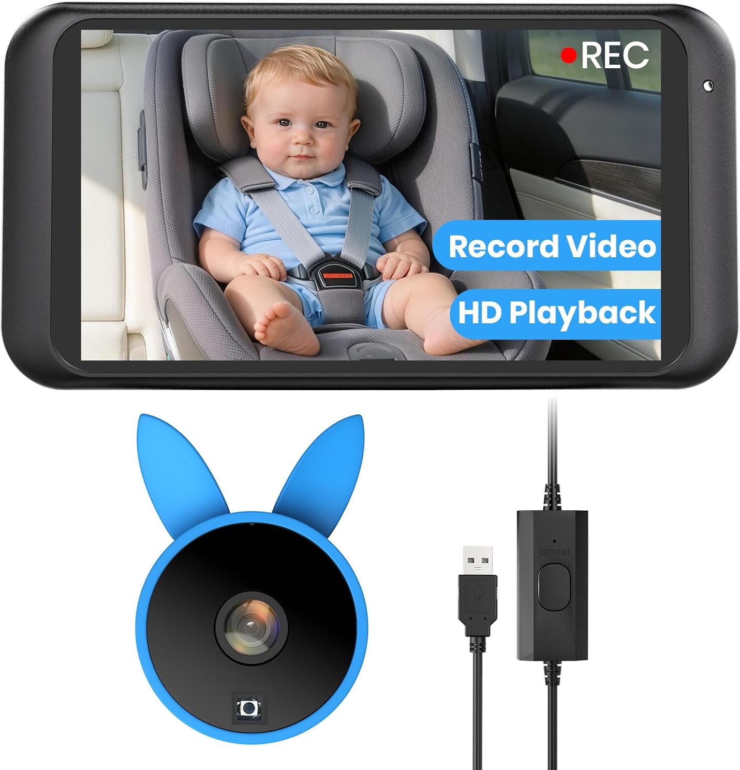 Babyvue Baby Car Camera HD 1080P with Video Recording & Playback, 4.5" Car Baby Monitor with Auto IR Night Vision, USB Plug & Play, Rear Facing Car Seat Camera for Kids/Infants,BV2MAX White