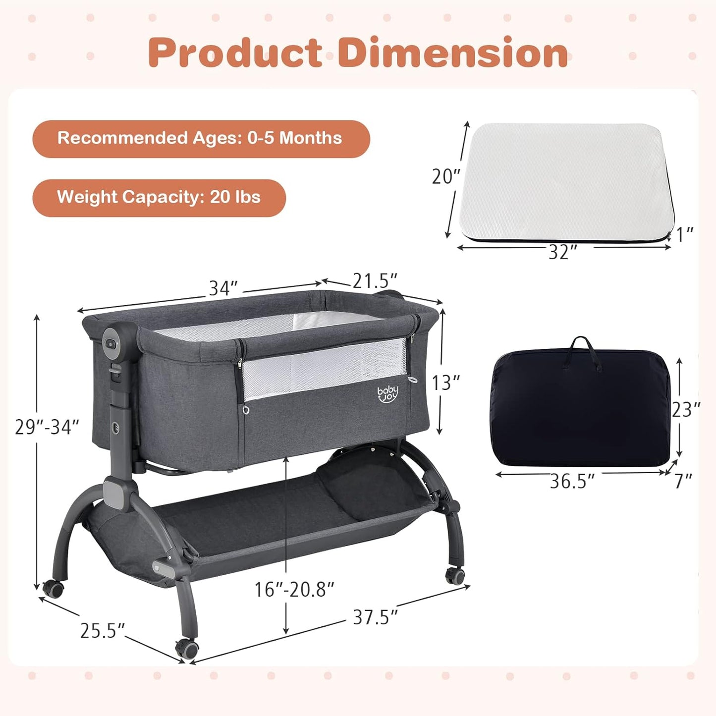 BABY JOY Baby Bassinet, 3-in-1 Rocking Bassinet w/Storage Basket, Double-Lock Design, 7 Adjustable Heights, Soft Mattress & Portable Travel Bag, Bassinet Bedside Sleeper for Newborns Infants (Beige)