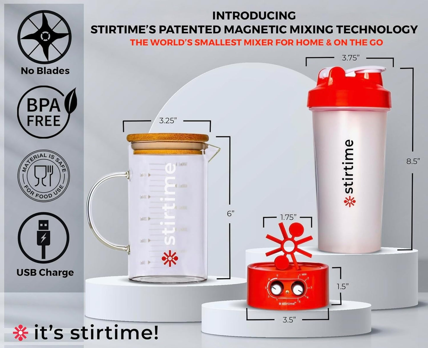 Portable Rechargeable Magnetic Mixer for Protein Powder, Baby Formula, Aerates Wine, Kid Safe, No Sharp Blades, No Air Bubbles or Clumps, 20oz Travel Bottle+16oz Glass Pitcher, USA by Stirtime
