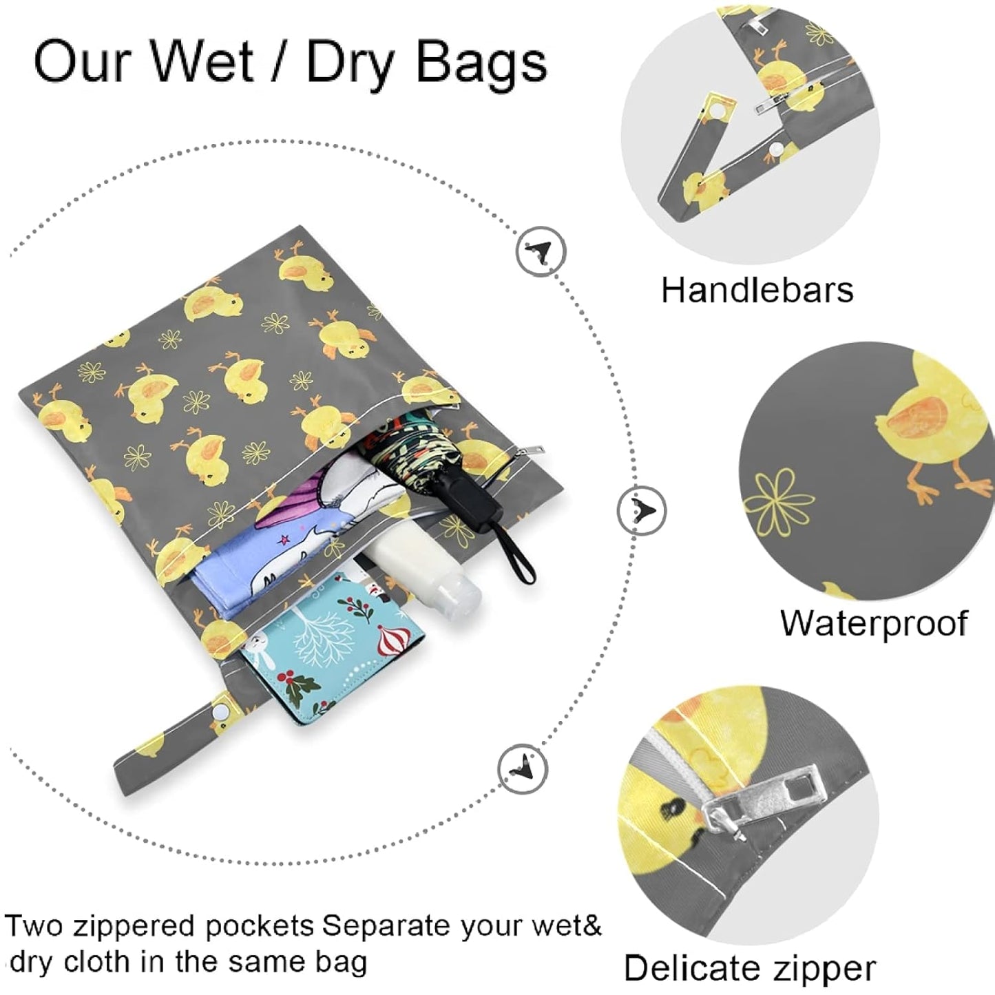 visesunny Yellow Dinosaurs Volcano and Palm Tree 2Pcs Wet Bag with Zippered Pockets Washable Reusable Roomy for Travel,Beach,Pool,Daycare,Stroller,Diapers,Dirty Gym Clothes, Wet Swimsuits, Toiletries