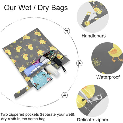 visesunny Yellow Dinosaurs Volcano and Palm Tree 2Pcs Wet Bag with Zippered Pockets Washable Reusable Roomy for Travel,Beach,Pool,Daycare,Stroller,Diapers,Dirty Gym Clothes, Wet Swimsuits, Toiletries