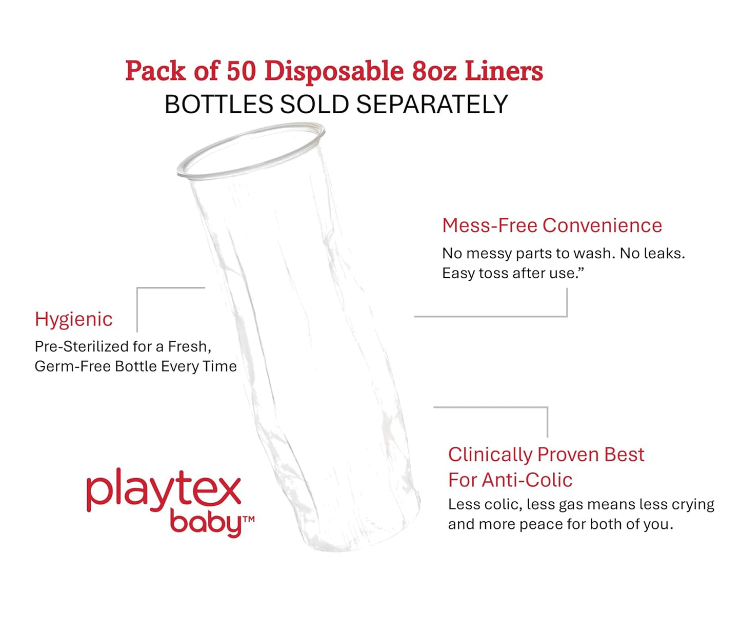 Playtex Baby Anti-Colic Nurser Bottle with Pre-Sterilized Disposable Drop-Ins Liners, 8 Oz Bottles (3 Count), Bottles for Newborn and Breastfeeding Babies, Feeding Essentials