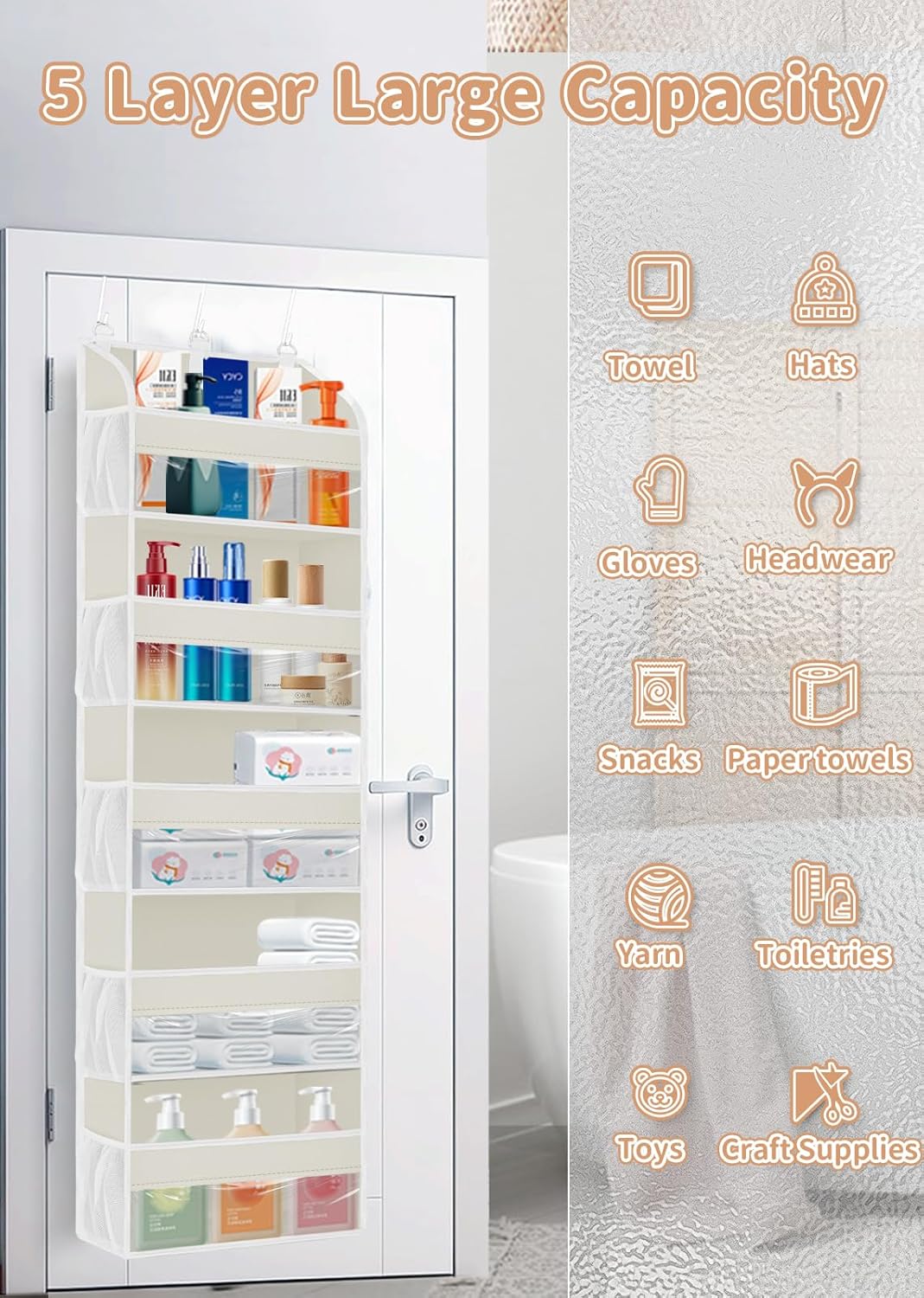 TAHAVICE 1 Pack Over The Door Organizer Storage, Hanging Organizer Closet with 5 Large Pockets 10 Mesh Pockets, 44 lbs Weight Capacity, Behind Door Storage for Nursery Bedroom Bathroom (Dark Grey)