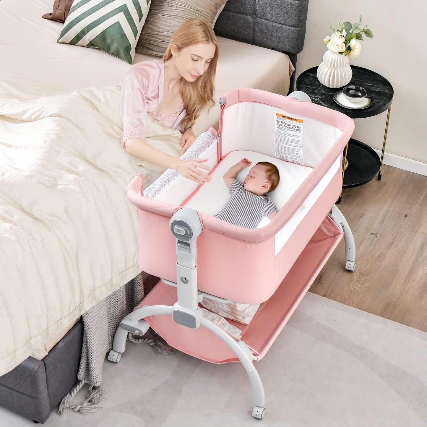 INFANS 3 in 1 Baby Bassinet, Bedside Sleeper, Rocking Cradle, Easy Folding Portable Safer Co-Sleeping Crib with Height Adjustable, Wheels Storage Basket Travel Bag for Infant Newborn (Gray)
