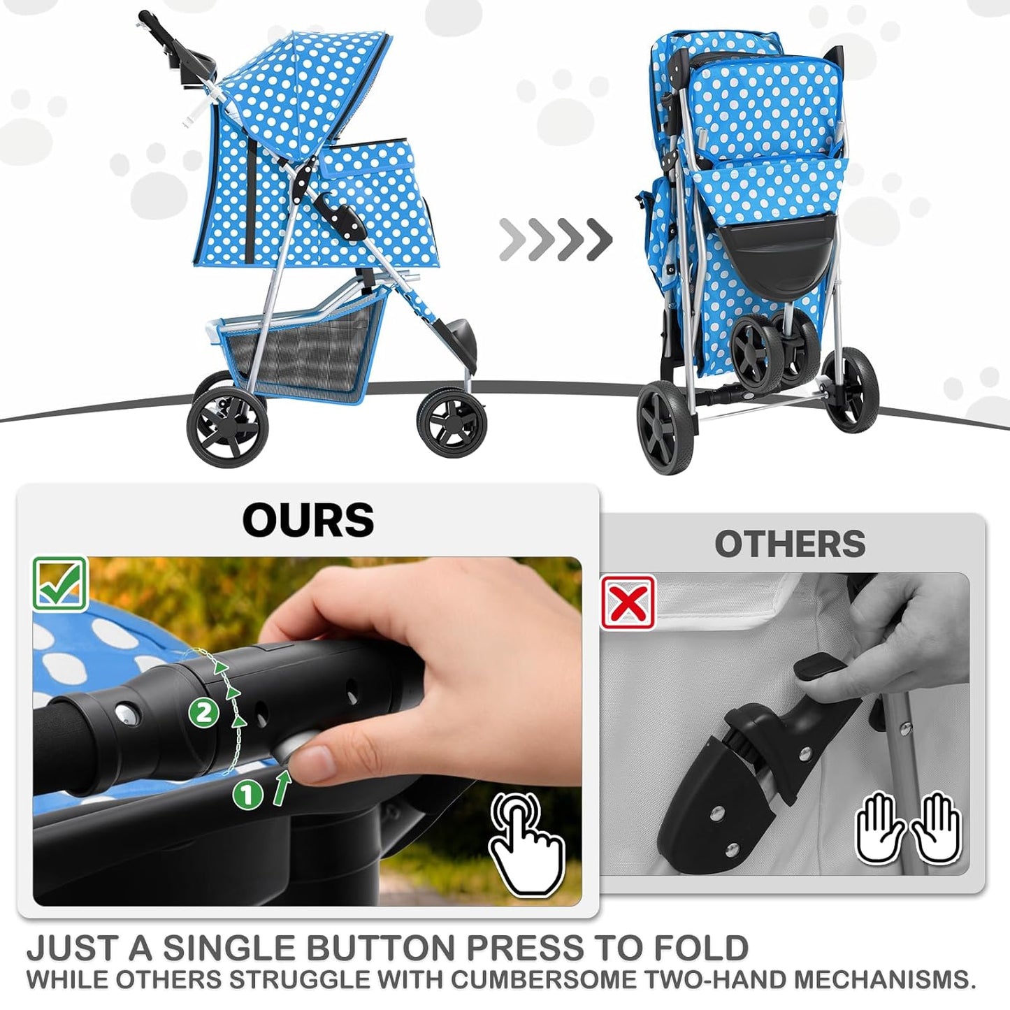 MoNiBloom Foldable Pet Stroller with Weather Cover, 3 Wheels Pet Strolling Cart for Small/Medium Dogs and Cats with Storage Basket and Cup Holder, Breathable and Visible Mesh for All-Season, Black