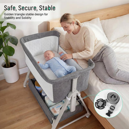 Cowiewie Bassinet Bedside Sleeper,3-in-1 Baby Bassinet with Mattress & Wheels,Easy Folding Portable Bedside Bassinet for Baby with Storage & Travel Bag,Breathable Mesh,Stable & Secure,Beige