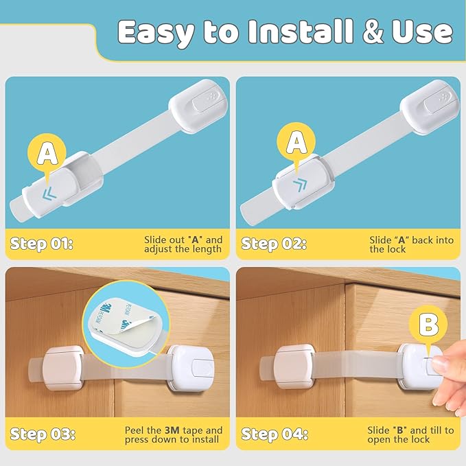 4our Kiddies 14 Pack Child Proof Cabinet Locks for Baby Proofing, Baby Proof Drawer Locks for Kids, Child Safety, Adjustable Child Locks for Cabinet and Drawers with 12 Extra 3M Adhesives, No Drilling