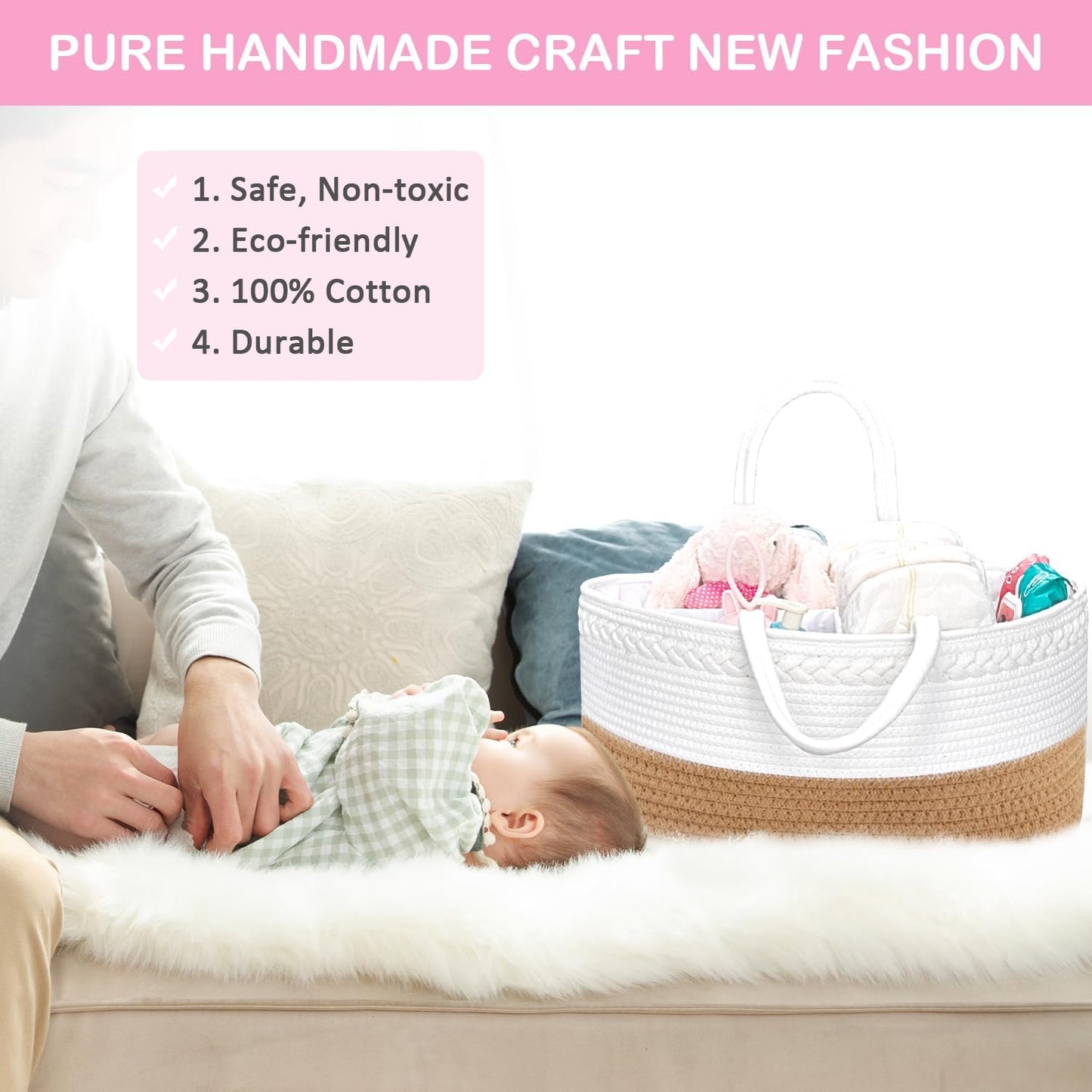 ABenkle Baby Diaper Caddy, Nursery Storage Bin and Car Organizer for Diapers and Baby Wipes, Cotton Rope Diaper Basket Caddy, Changing Table Diaper Storage Caddy
