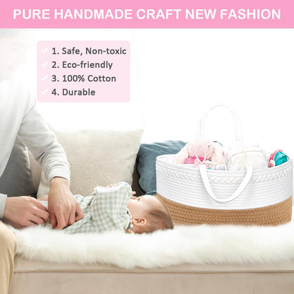 ABenkle Baby Diaper Caddy, Nursery Storage Bin and Car Organizer for Diapers and Baby Wipes, Cotton Rope Diaper Basket Caddy, Changing Table Diaper Storage Caddy