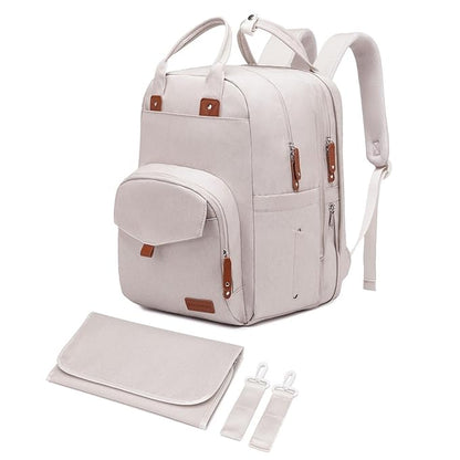 Qualyphant Extra Large Diaper Bag Backpack for Two Kids Twins - Expandable Baby Bag (26-36L), Dual Big Compartments - Includes Changing Pad & Stroller Straps, Unisex Beige