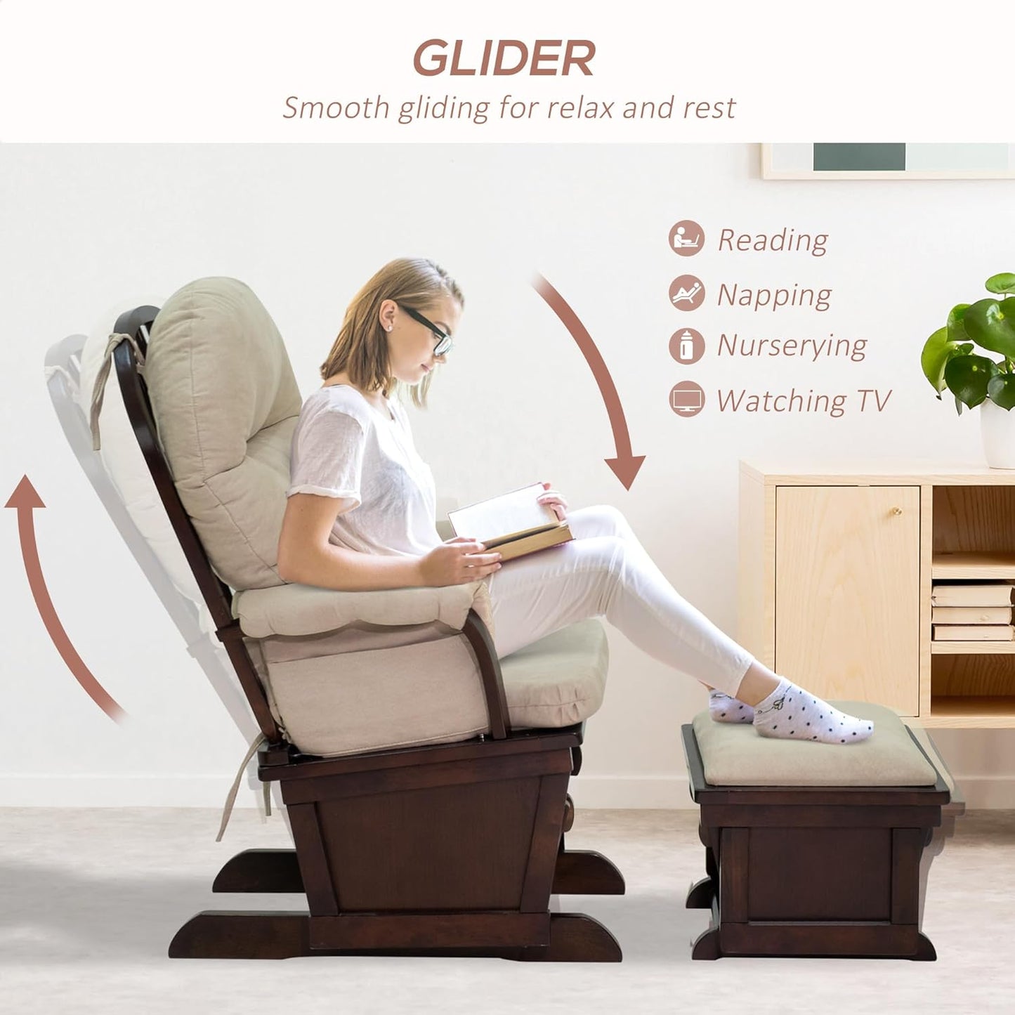 HOMCOM Nursery Glider Rocking Chair with Ottoman, Thick Padded Cushion Seating and Wood Base, Cream White