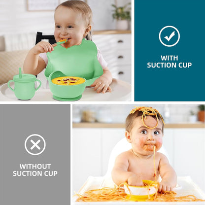 100% Silicone Baby Feeding Set, BPA Free Baby Dishes with Suction Bowl, Divided Plate, Toddler Self Feeding Dish Set with Spoons, Forks, Sippy Cup and Bib, Baby Eating Utensils (Navy Blue)
