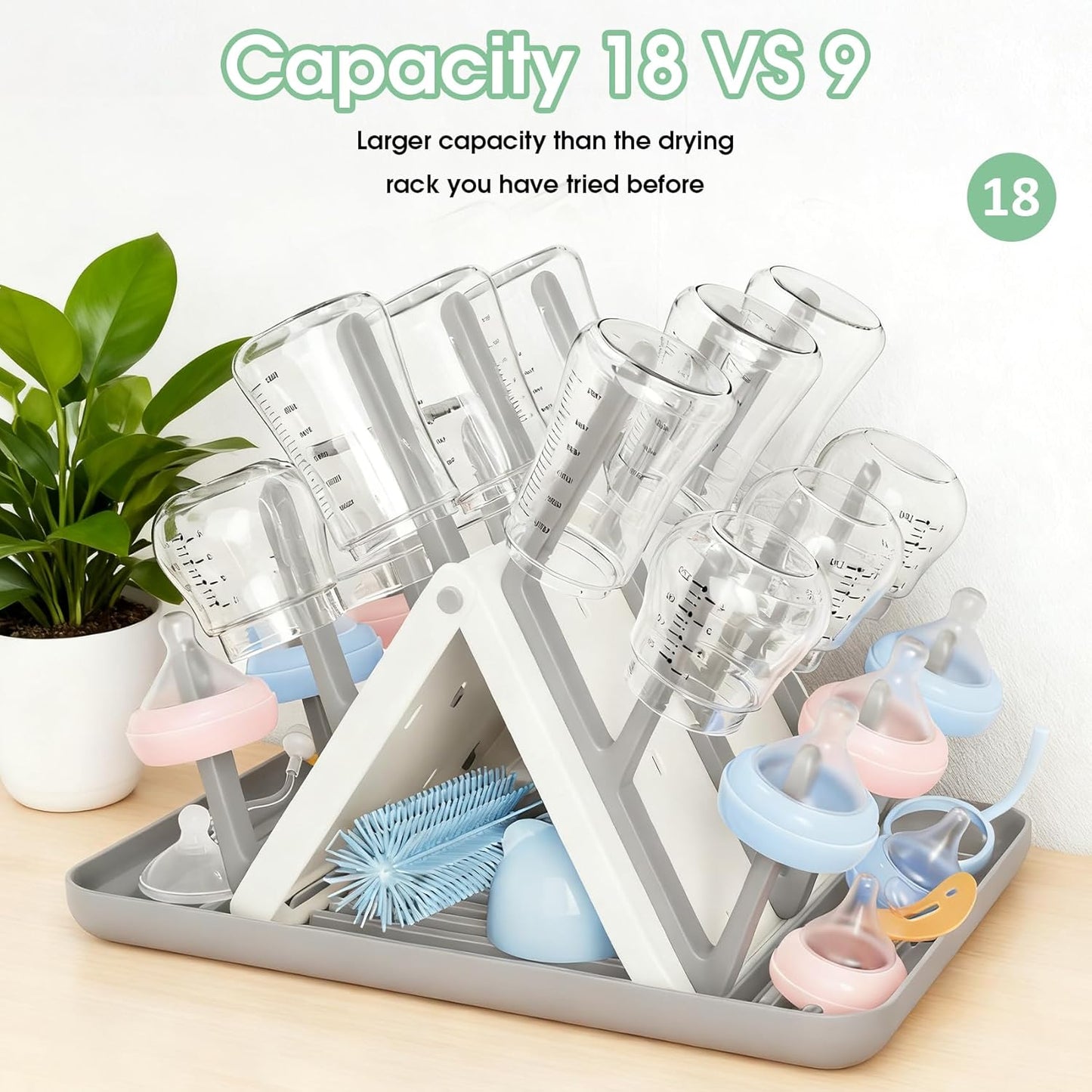 Large Baby Bottle Drying Rack, Space Saving 18 Hooks Slope Travel Bottle Dryer with Removable Drip Tray, Countertop Holder Organizer for Bottles & Baby Brushes Pacifiers and Pump Part-BPA Free