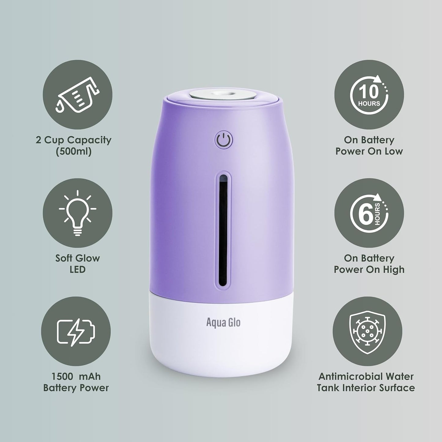 Aqua Glo Personal, Portable Humidifiers for Bedroom – Ultrasonic Cool Mist Humidifier with Built In Rechargeable Battery. Air Humidifier for Baby, Plants, Home, Office, Travel. Lavender