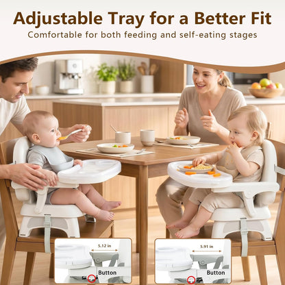 Booster Seat for Kitchen Chair, 3-in-1 Foldable & Portable Booster Seat with Tray, Extra Dishwasher-Safe Tray, Safety Straps for 6–18M (Up to 30 lbs), for Dining Table, Travel & Camping, Gray