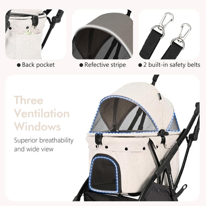 Pet Stroller for Medium Dogs Cats Up to 45 lbs, Waterproof Sunproof, One-Hand Foldable Dog Stroller Cart, Strollers for Dogs and Cat, Beige