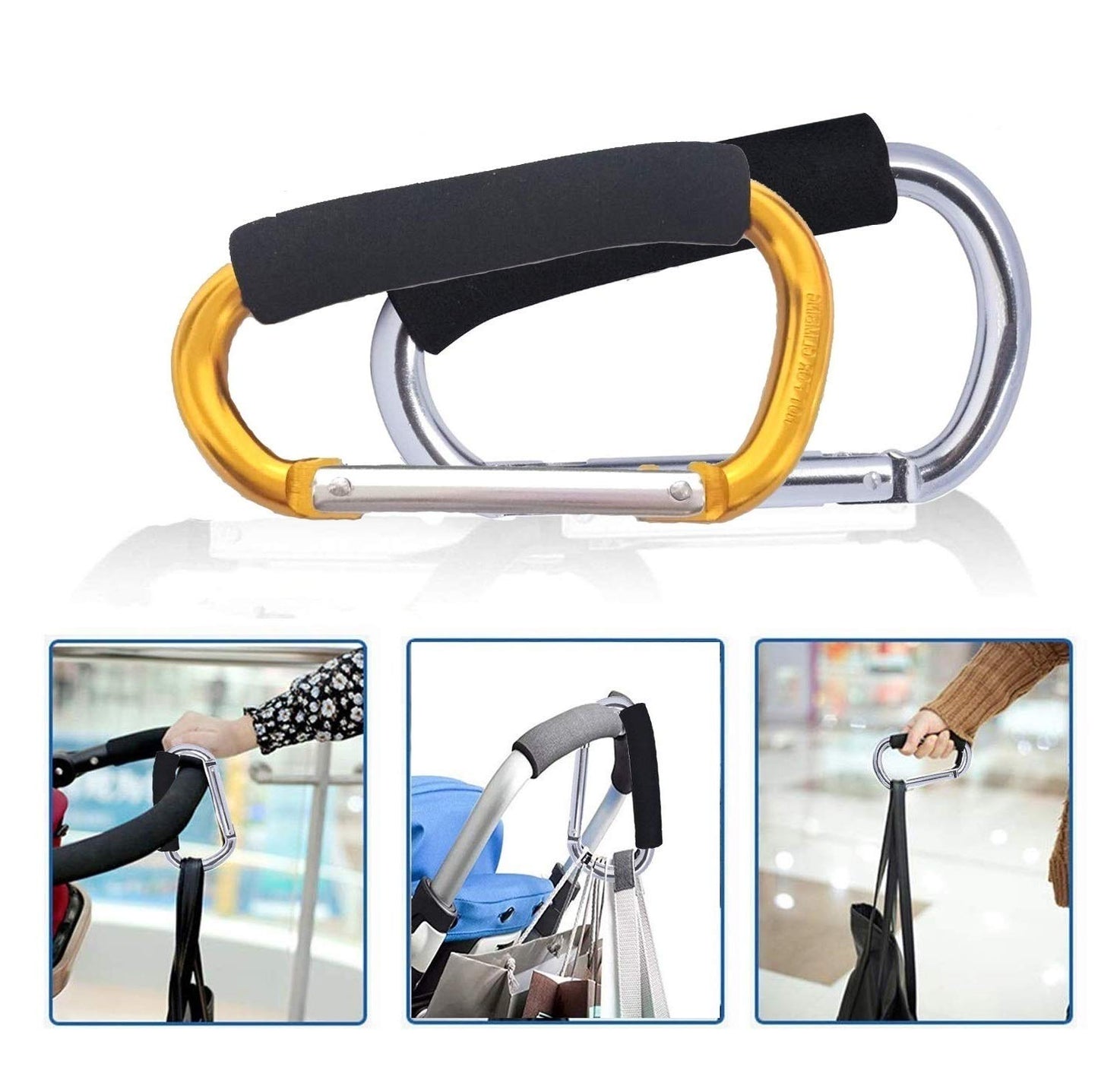 Large Stroller Hooks for Mommy, 2 pcs Carabiner Stroller Hook Organizer for Hanging Purses, Diaper Bag, Shopping Bags. Clip Fits Single/Twin Travel Systems, Car Seats (Black+Rose)