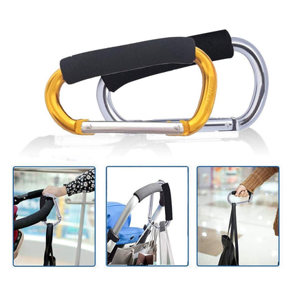 Large Stroller Hooks for Mommy, 2 pcs Carabiner Stroller Hook Organizer for Hanging Purses, Diaper Bag, Shopping Bags. Clip Fits Single/Twin Travel Systems, Car Seats (Black+Rose)