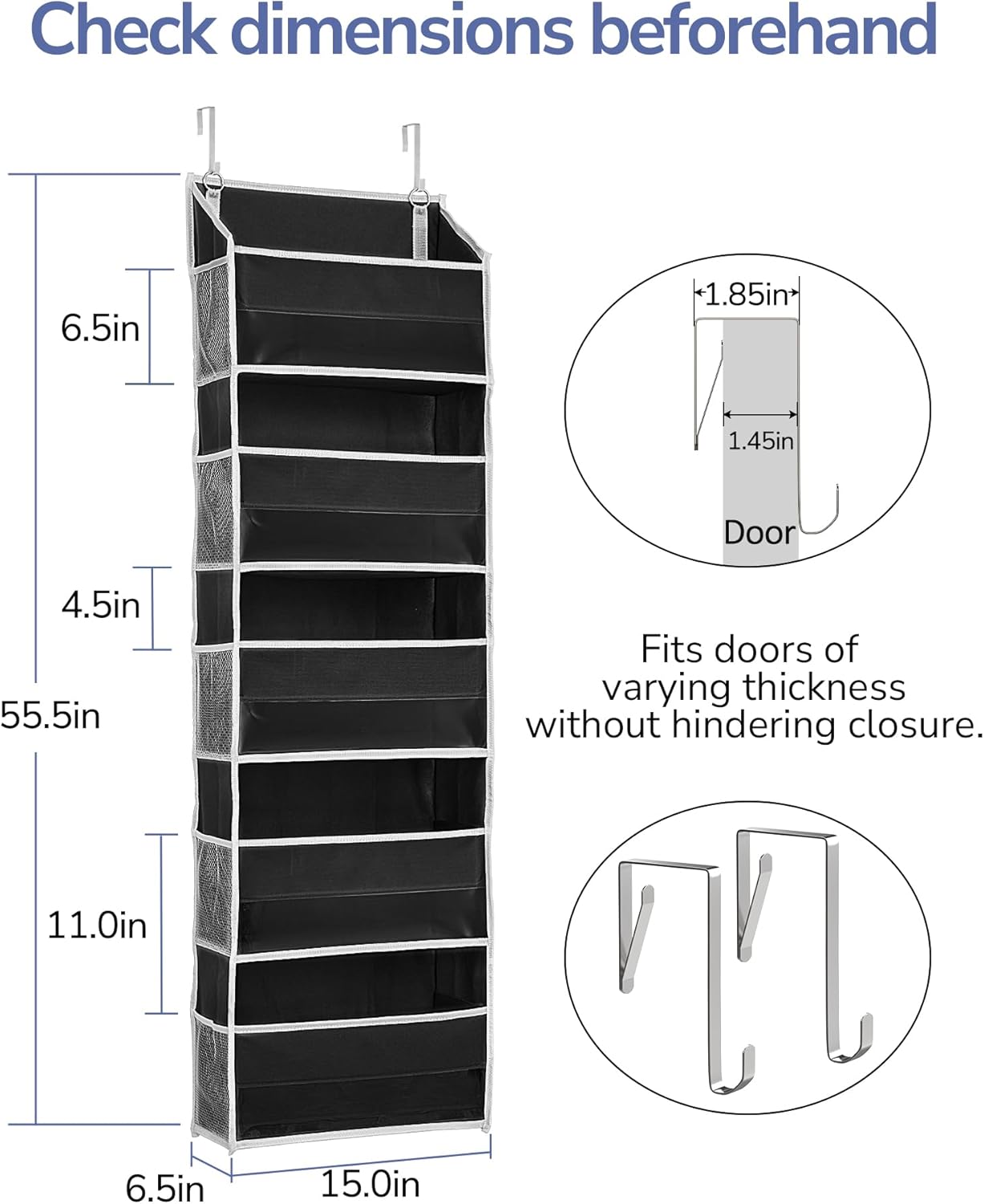 ULG 1 Pack Over Door Organizer with 5 Large and 10 Mesh Side Pockets, 44 lbs Weight Capacity Hanging Storage with Clear Window Kids Toys, Shoes, Diapers, Dark Grey, 5 Layers