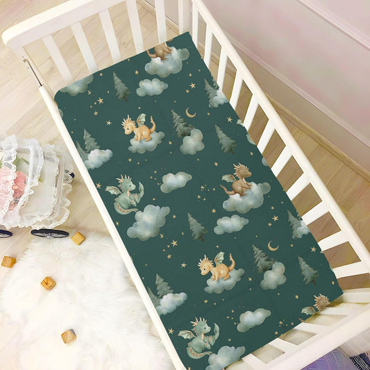 Pfrewn Crib Sheets for Boys Girls Dragon Baby Animals Retro Fitted Crib Sheet for Mini Crib Mattress Stretch Soft Toddler Baby Playard Sheet,39x27IN
