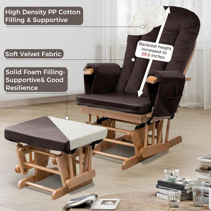 5PCS Suede Glider Rocker Replacement Cushions with 29.5" High Backrest & Side Pockets, Thickened Soft Glider Rocking Chair Cushions with Ottoman Cushion for Indoor Nursery Rocking Chair, Green