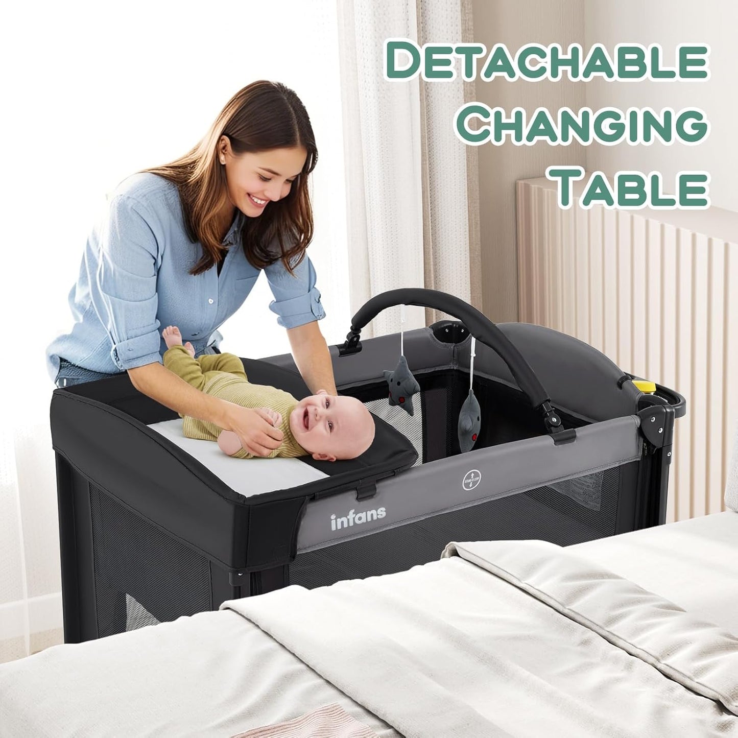 INFANS Baby Bassinet, 4 in 1 Nursery Center Pack and Play Baby Playard with Changing Table, Mosquito Net, Storage Basket, Travel Bag for Newborn 0-36 Months (Gray)