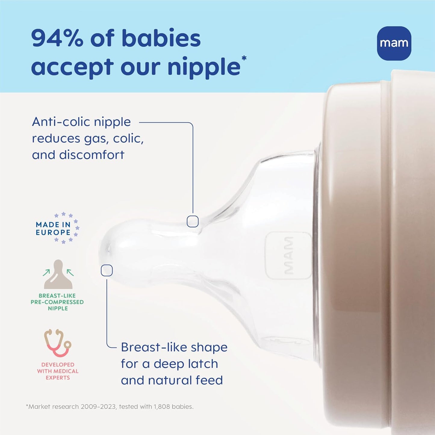 MAM Easy Active Baby Bottle 2 Pack, 11oz, BPA Free, Fast Flow Silicone Nipple, Anti-Slip Grip, Leak-Proof, 4+ Months, Cotton