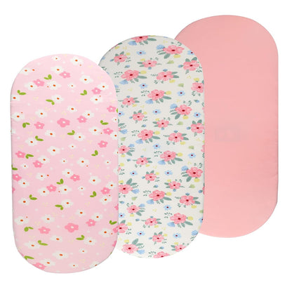Onacosht Stretchy Bassinet Sheets 33" x 19" Compatible with Mika Micky, KoolaBaby (3 in 1), BabyBond, HARPPA and RICUTON Bedside Bassinet, 3 Pack for Baby Boy and Girl, Pink Floral