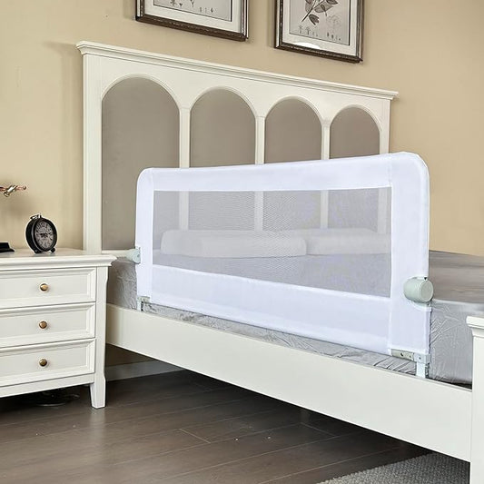 Grelife Foldable Bed Rail for Toddlers, Tall Toddler Bed Rails for Twin, Full, Queen Bed, Baby Bed Rail Guard with Reinforced Metal Frame & Breathable Mesh (1, pearlwhite, 43.0")