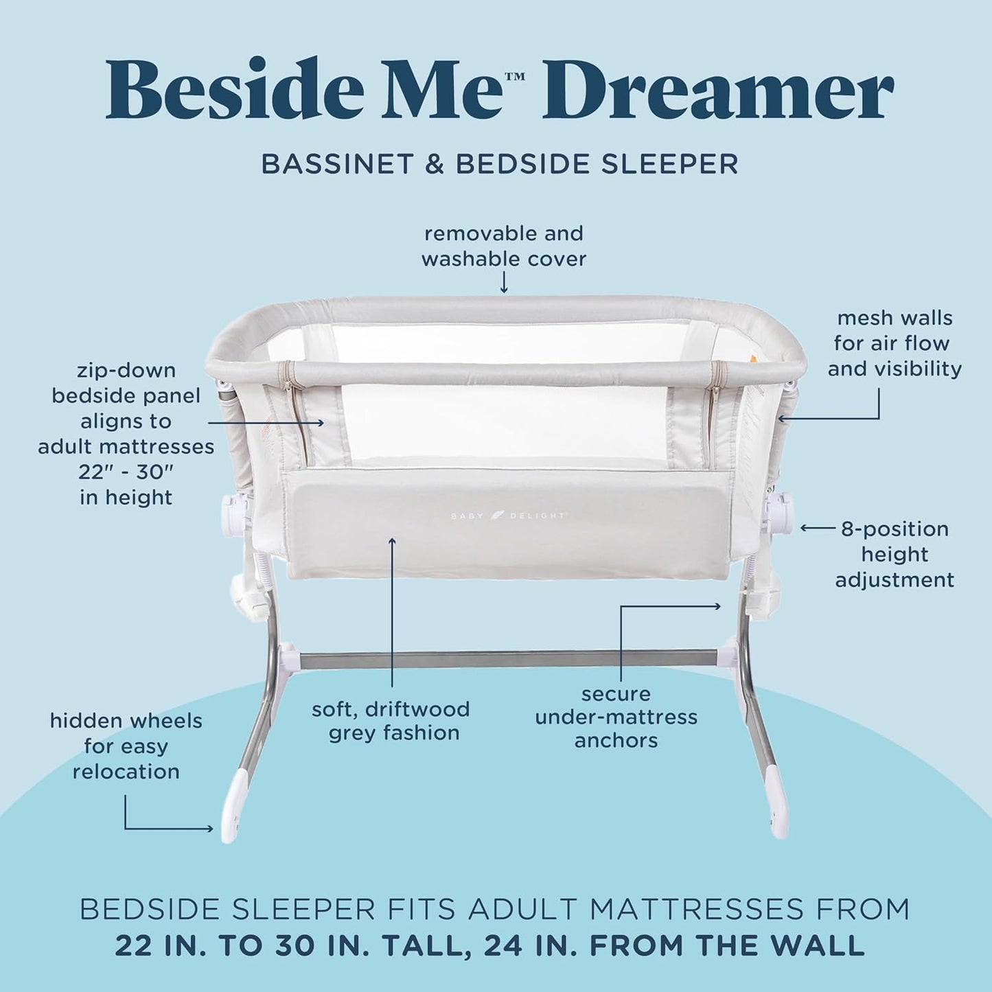 Baby Delight Beside Me Dreamer Bassinet | Bedside Sleeper | 6-Position Height Adjustment | Charcoal Tweed