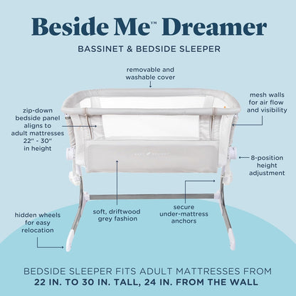 Baby Delight Beside Me Dreamer Bassinet | Bedside Sleeper | 6-Position Height Adjustment | Charcoal Tweed