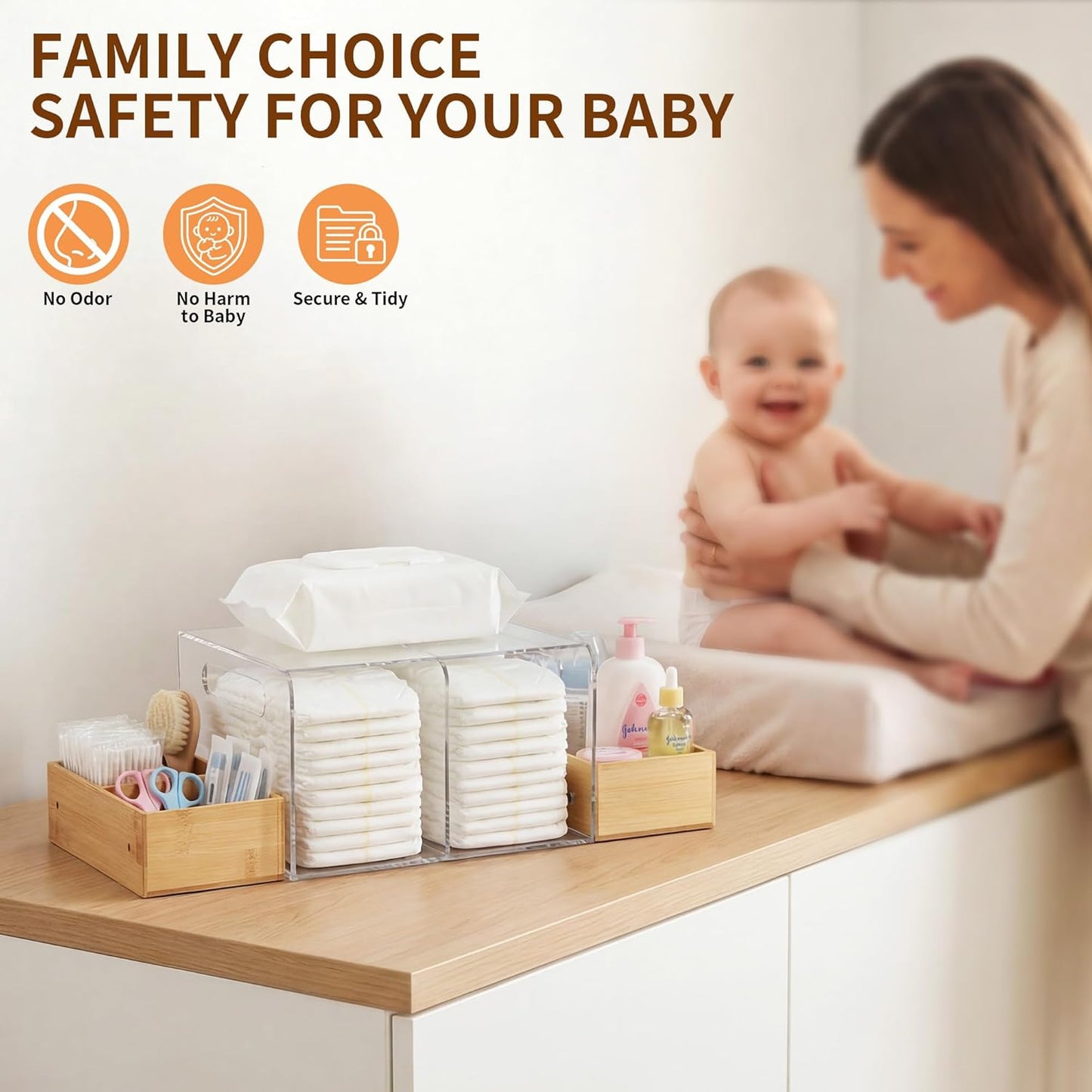 Acrylic Diaper Caddy, Changing Table Organizer with Handle & 3 Wooden Compartments, Storage for Wipe Dispenser, Baby Organizers and Storage, Perfect for Diapers Wipes Creams, Clear