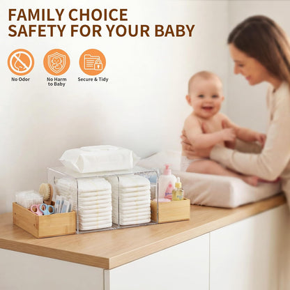 Acrylic Diaper Caddy, Changing Table Organizer with Handle & 3 Wooden Compartments, Storage for Wipe Dispenser, Baby Organizers and Storage, Perfect for Diapers Wipes Creams, Clear
