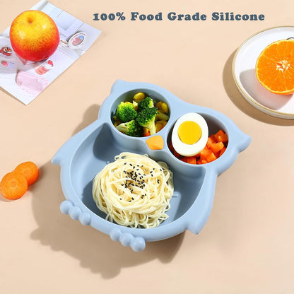 PandaEar Toddler Suction Plates, Stay Put Divided Baby Plates, Owl Shape BPA-Free 100% Food-Grade Silicone Unbreakable Baby Plate, Baby Feeding Supplies (Blue)