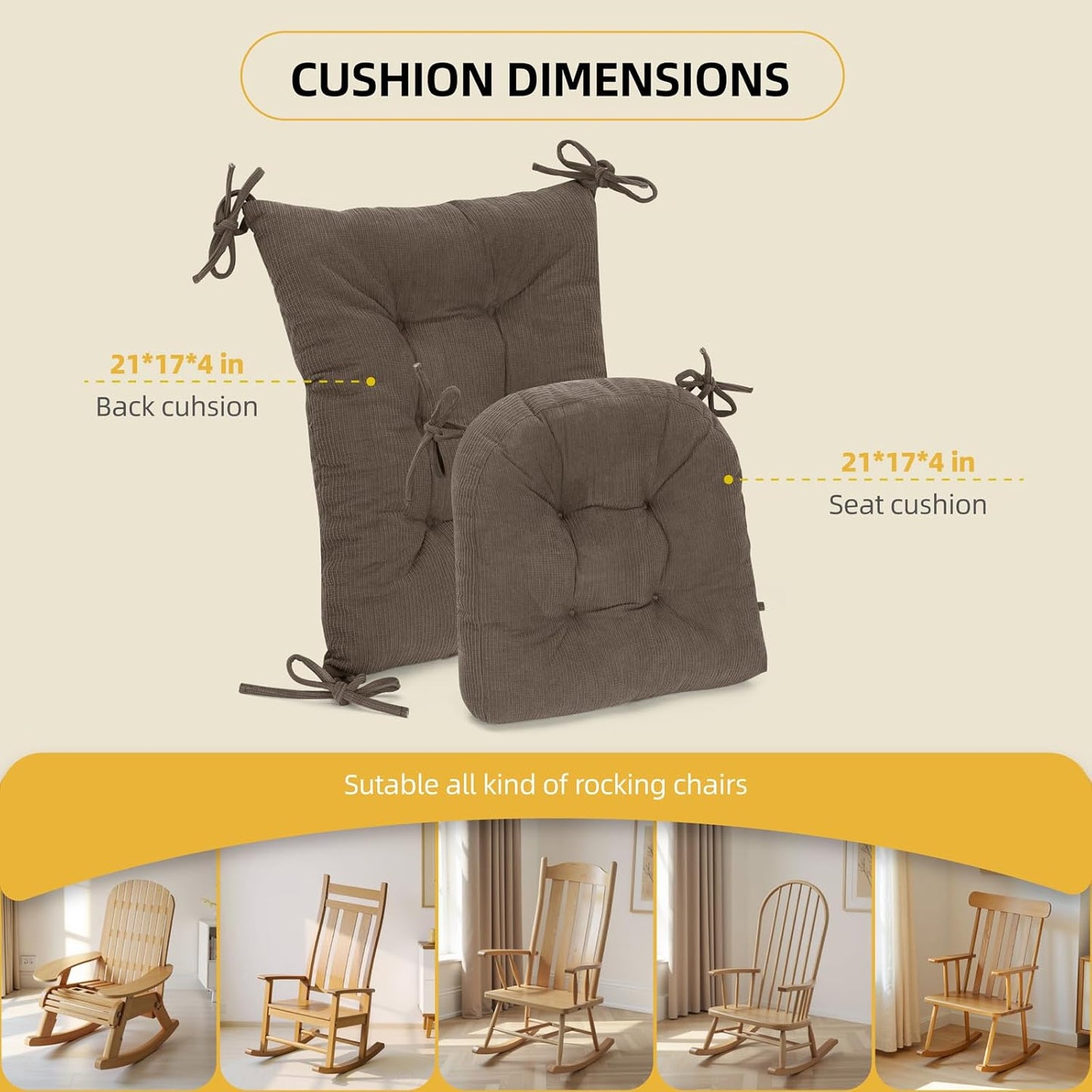 Millsilo Rocking Chair Cushions 3-Piece Set with Neck Pillow, Indoor Rocker Comfortable Tufted Non-Slip Pads with Ties, High-Density Foam Cushion for Adirondack Glider Chair, Orange, 52 x 19 x 4 Inch