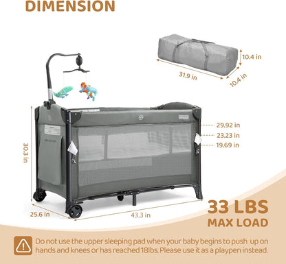 JOYMOR Baby Bedside Bassinet, Baby Bassinet, Pack n Play Convert Playpen, Quick Foldable Travel Bed with Wheels & Brake, Carry Bag for Boys Girls (Gray)