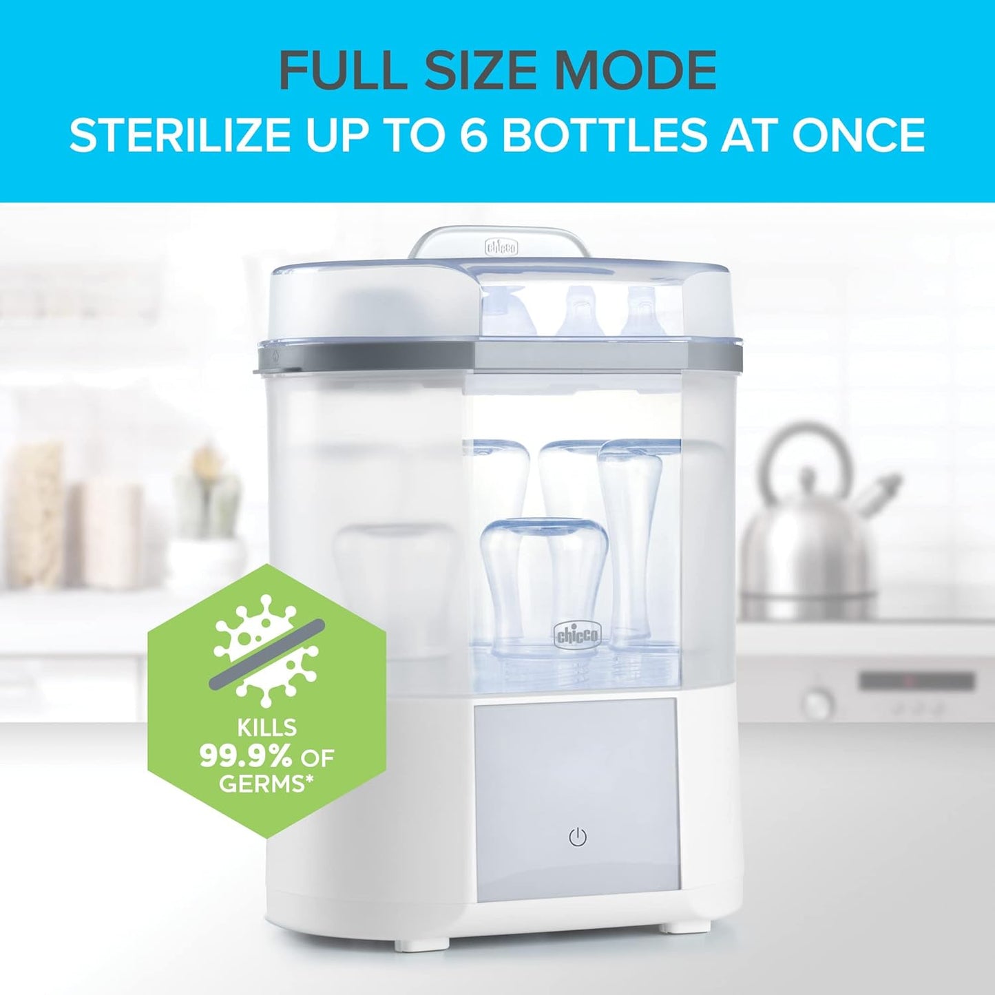 Chicco 3-in-1 Modular Electric Steam Sterilizer for Baby Bottles, Feeding Accessories, and More | Eliminates 99.9% of Germs | 3 Configurations | Automatic Shut-Off and Quiet Operation