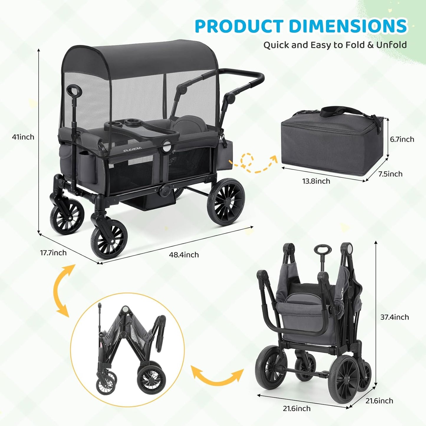 ELEMARA Stroller Wagon, 2 Seat Stroller for 2 Kids, Premium All Terrain Stroller for Kids w/Removable Canopy, Adjustable Push/Pull Handle, Large Storage Bag, Black