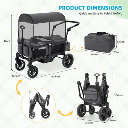 ELEMARA Stroller Wagon, 2 Seat Stroller for 2 Kids, Premium All Terrain Stroller for Kids w/Removable Canopy, Adjustable Push/Pull Handle, Large Storage Bag, Black