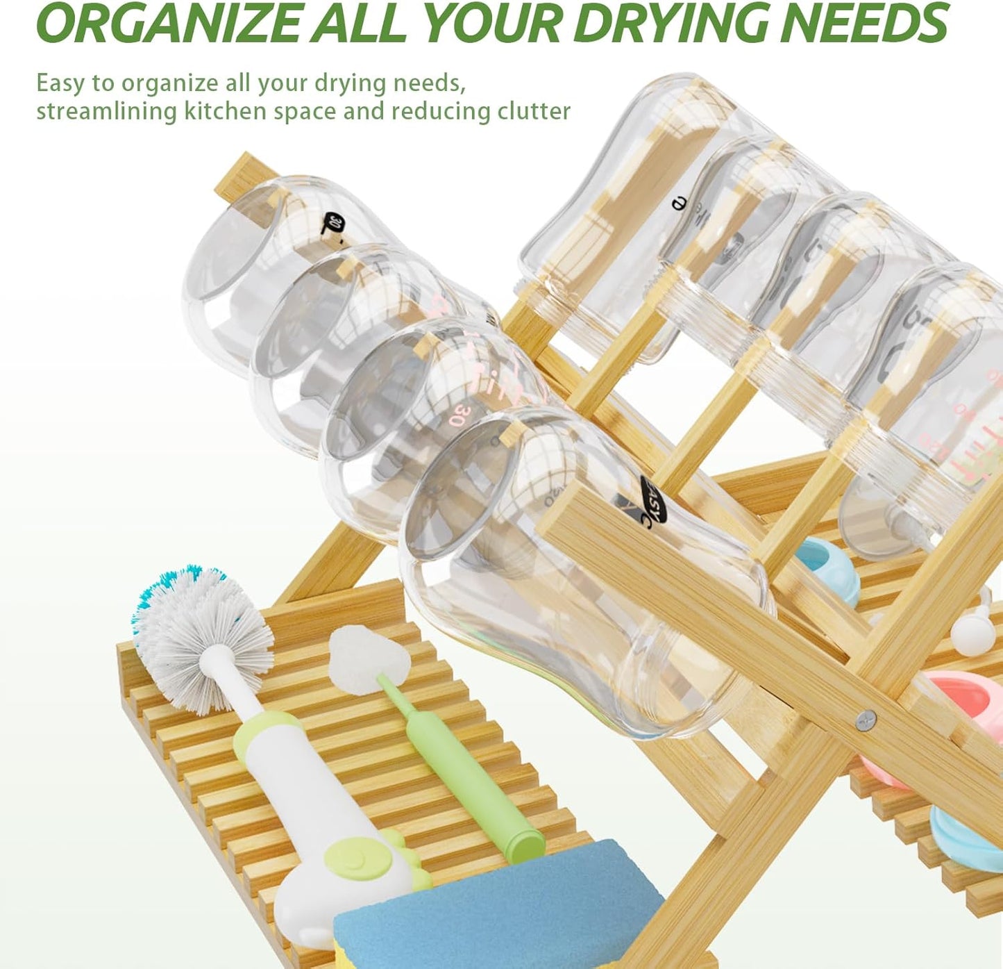DSVENROLY Baby Bottle Drying Rack Foldable Vertical Bamboo Milk Bottle and Accessories Organizer for Busy Parents, Maximizes Space, Quick Drying, Easy Cleanup & Storage (Bamboo)