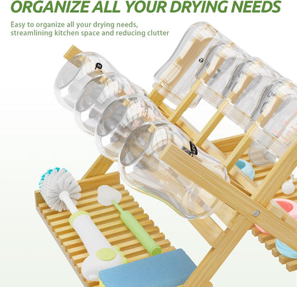 DSVENROLY Baby Bottle Drying Rack Foldable Vertical Bamboo Milk Bottle and Accessories Organizer for Busy Parents, Maximizes Space, Quick Drying, Easy Cleanup & Storage (Bamboo)
