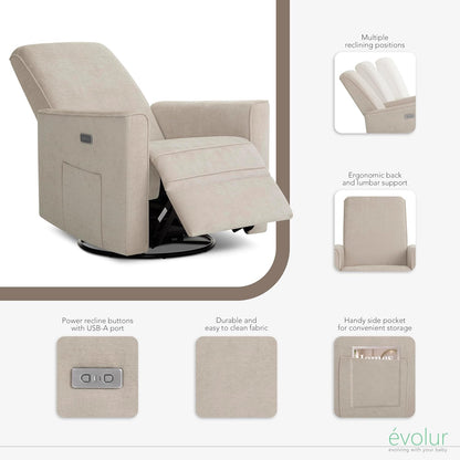 Evolur Harlow Upholstered Power Glider Recliner with USB Charging – Rocking & 275° Swivel with Smooth Glide – Greenguard Gold & FSC Certified – Modern Nursery and Living Room Chair in Light Sand