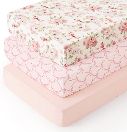 PHF 3 Pack Soft Mini Crib Sheets, Floral & Animal Pack N Play Sheets for Baby Boys Girls, No Slip Universal Fit for Pack N Play, Playard, Portable and Mini Crib Mattresses,Floral & Animal