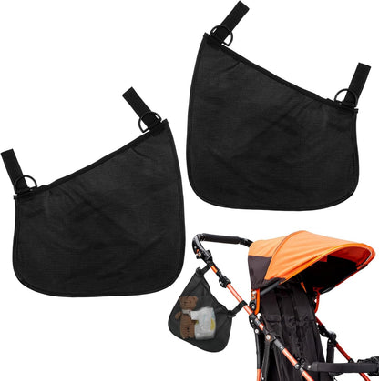 Qianyu 2 Pack Universal Side Sling Stroller, Cargo Net Portable Adjustable Strollers Storage Bag Black Organizer Mesh Bag with Non-Slip Straps to Increase Extra Stroller Storage Space