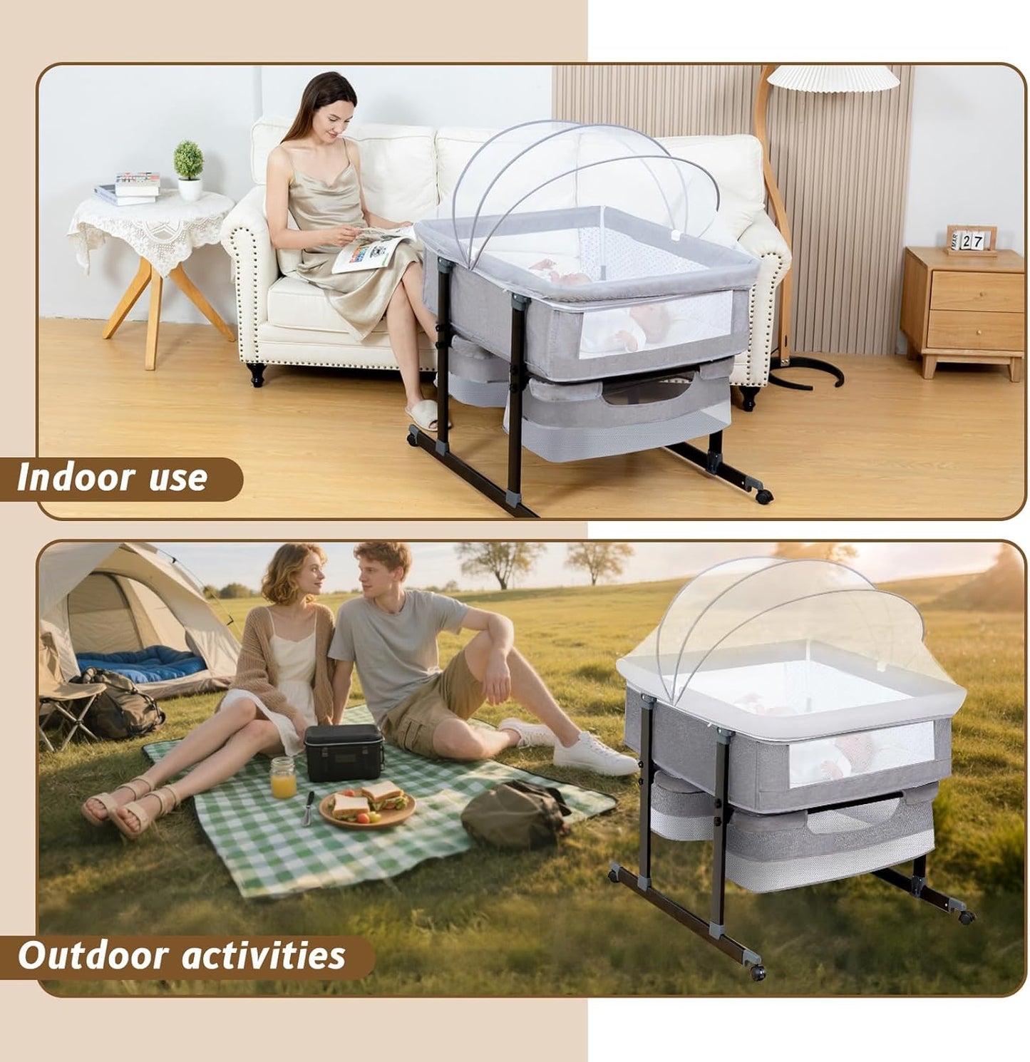 Twin Bassinet for 2 Babies, Double Bassinet for Twins with Music Toys, Mosquito Net & Storage Basket Portable Foldable Bedside Sleeper for Newborns, Grey | Side By Side Design, Independent Space, Small Space Fit, Safe Co Sleeping, Stable Frame