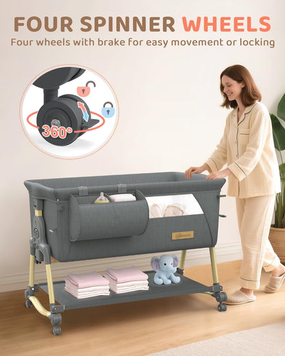 BIERUM Baby Bassinet Bedside Crib - 4 in 1 Bassinet Bedside Sleeper with Wheels, Mattress and Breathable Sides, 7 Height Adjustable, Stable and Secure Crib for Newborns