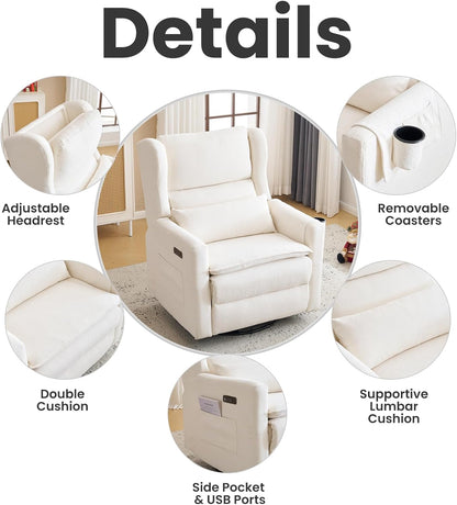 Power Recliner Chair Swivel Glider with Adjustable Headrest，Oversized Swivel Rocker Recliner with Lumbar Support, Upholstered Nursery Glider Recliner for Living Room,White