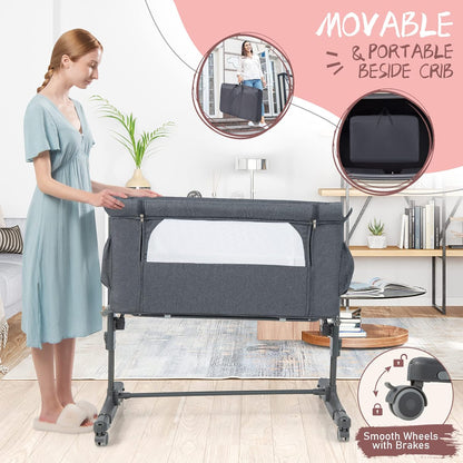 HONEY JOY Baby Bassinet Bedside Sleeper, 3-in-1 Easy Folding Portable Crib for Baby with Wheels, 5 Adjustable Heights, Easy to Assemble Bed to Bed, Mattress & Carry Bag for Infant Newborn (Pink)